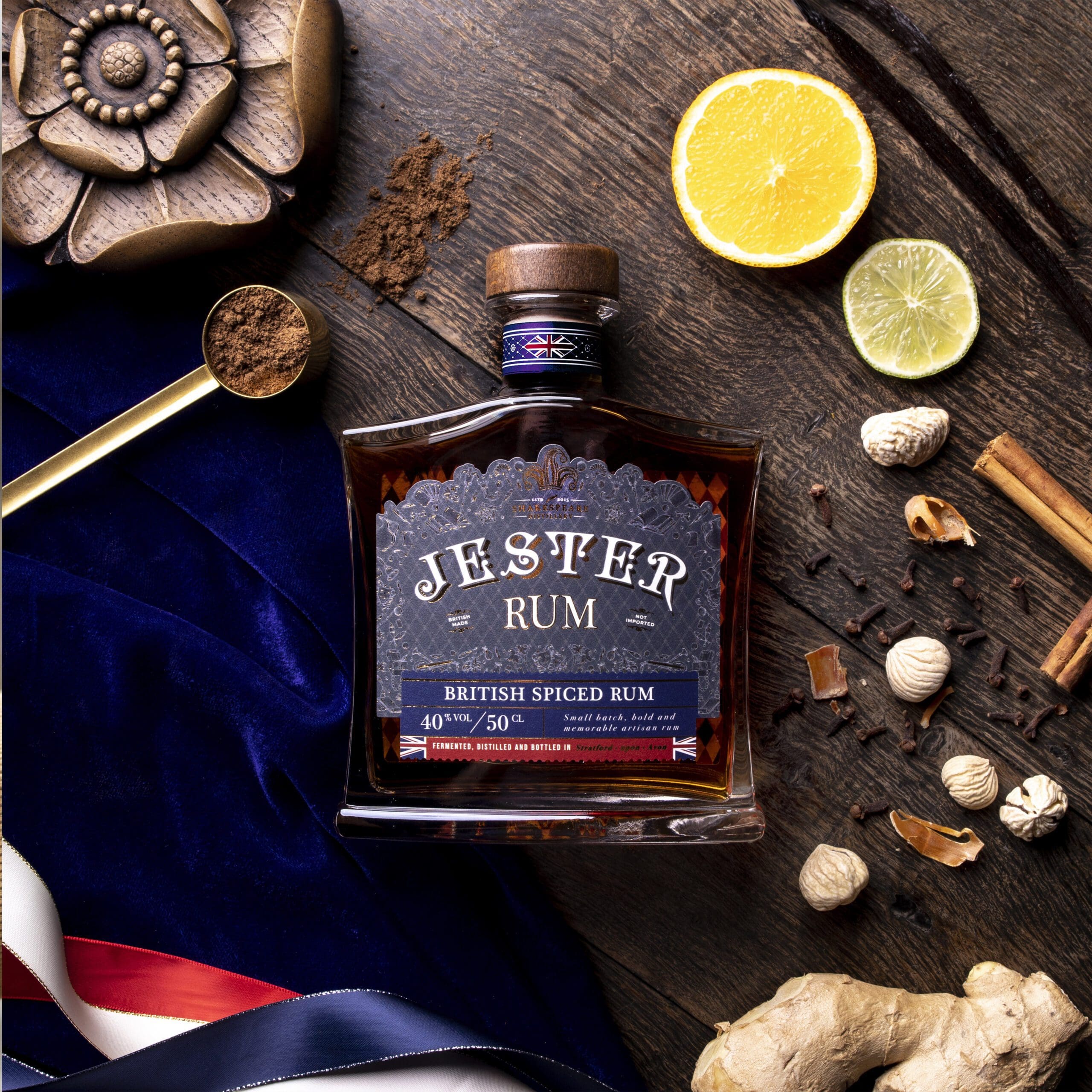 a bottle of british spiced jester rum