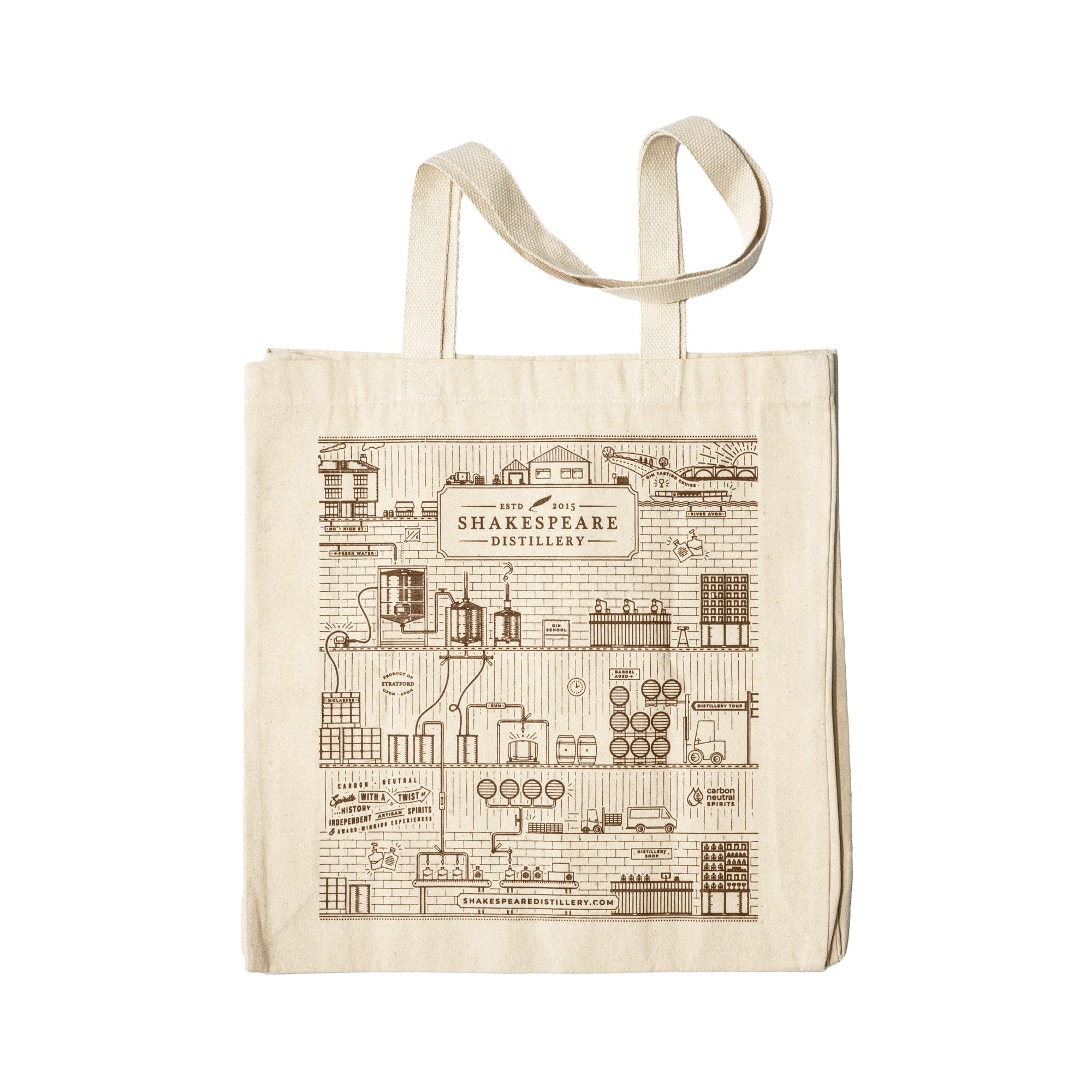 a tote bag with a diagram of a distillery
